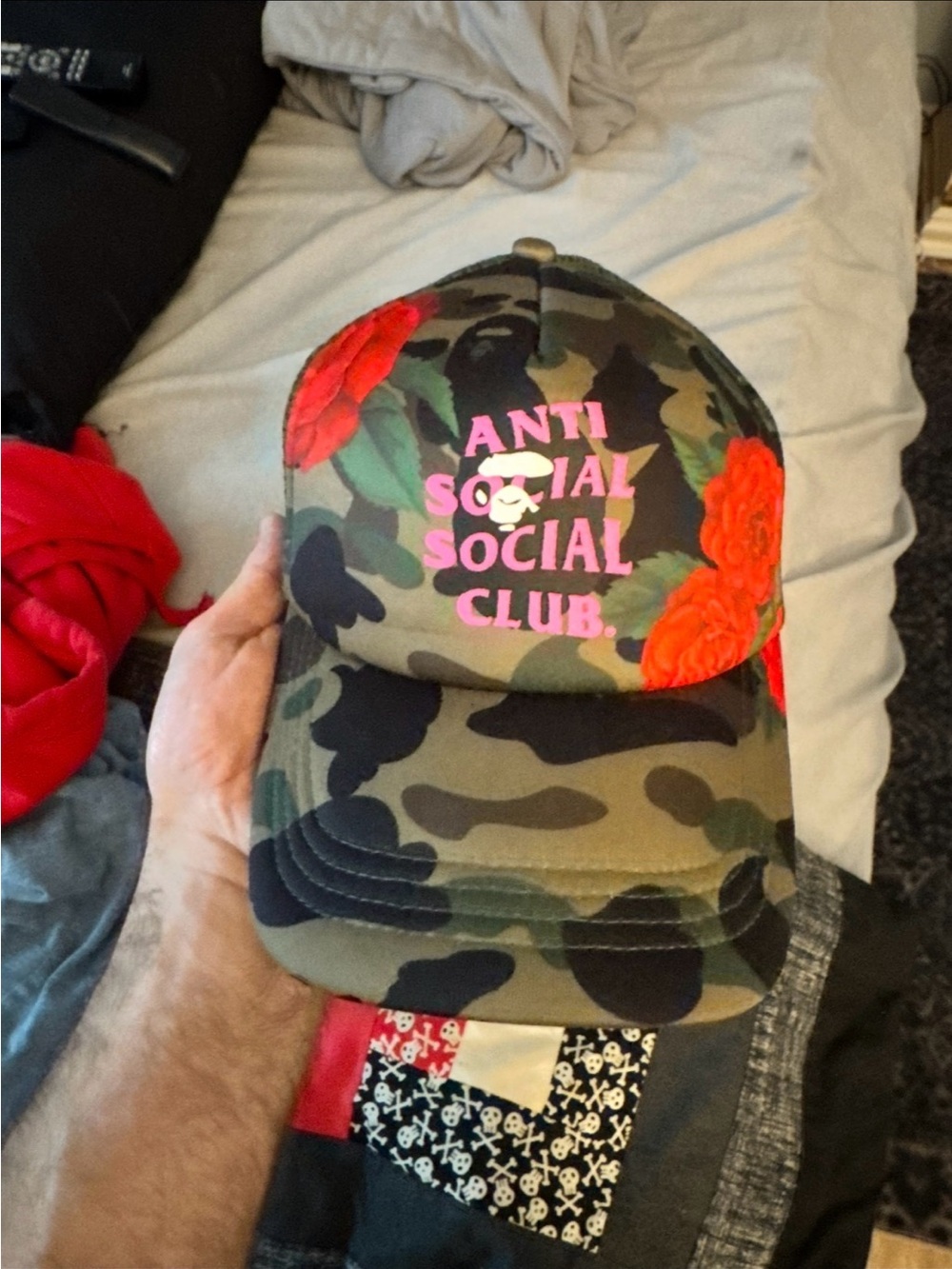 BAPE x anti social social club collab green camo hat with red floral and pink